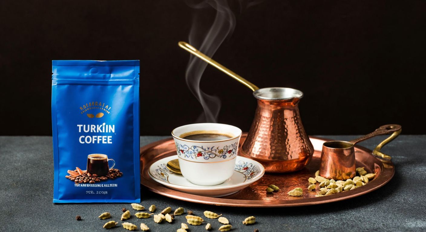A small blue package of Turkish coffee sits on a copper tray beside a traditional cezve, with aromatic steam rising from freshly brewed coffee in a delicate porcelain cup, surrounded by scattered cardamom pods.