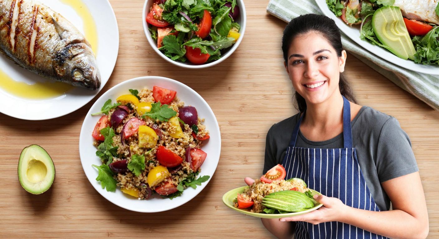 A wooden kitchen table in Turkey holds a balanced meal of grilled fish drizzled with olive oil, a colorful salad with fresh vegetables, and a small bowl of bulgur pilaf, with a smiling woman in an apron placing a plate of sliced avocado beside them.