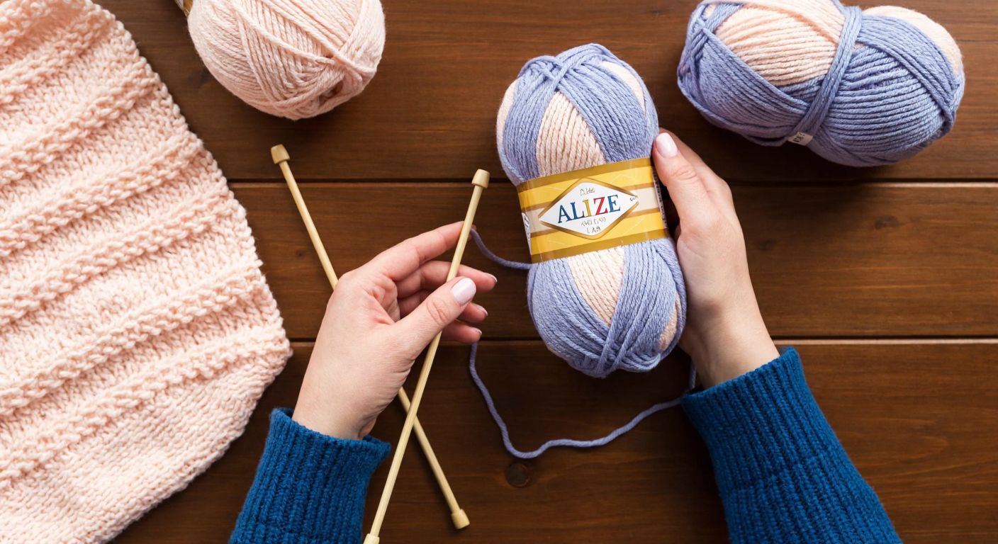 A pair of hands holding knitting needles (3.5–5 mm) and a skein of soft, golden Alize Cotton Gold yarn, resting on a wooden table with a cozy knitted swatch nearby.