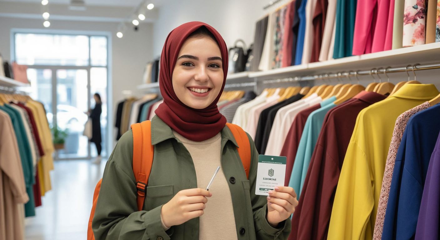 A young student in Turkey, wearing casual clothing and holding a student ID card, smiles while browsing colorful Armine-branded clothing racks in a bright boutique.