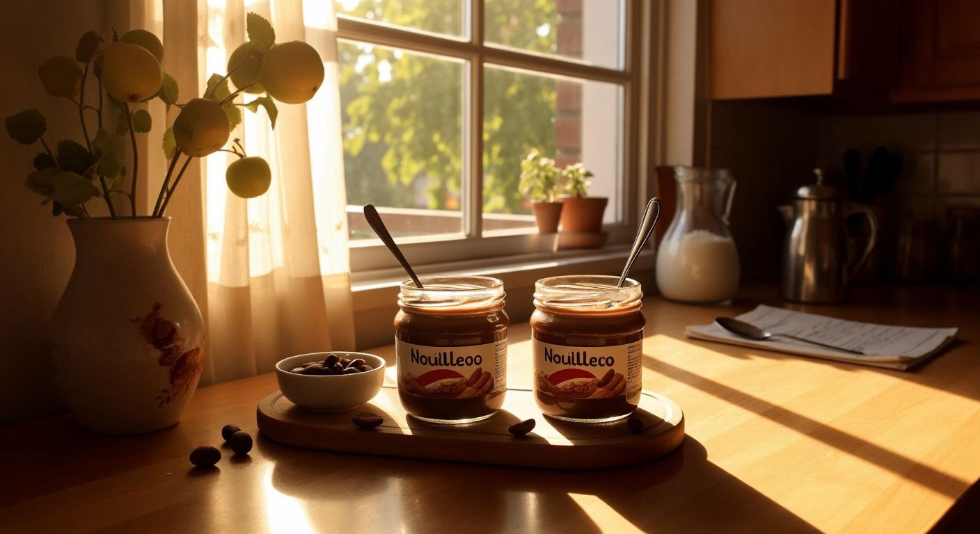 A wooden kitchen table in a cozy Turkish home holds two small spoons dipped in jars of Nutella and Çokokrem, with a handwritten note nearby and a warm, inviting light casting soft shadows.  

**Correction (removing written elements and adjusting for clarity):**  

A wooden kitchen table in a cozy Turkish home holds two small spoons dipped in jars of Nutella and Çokokrem, with warm sunlight streaming through a nearby window.