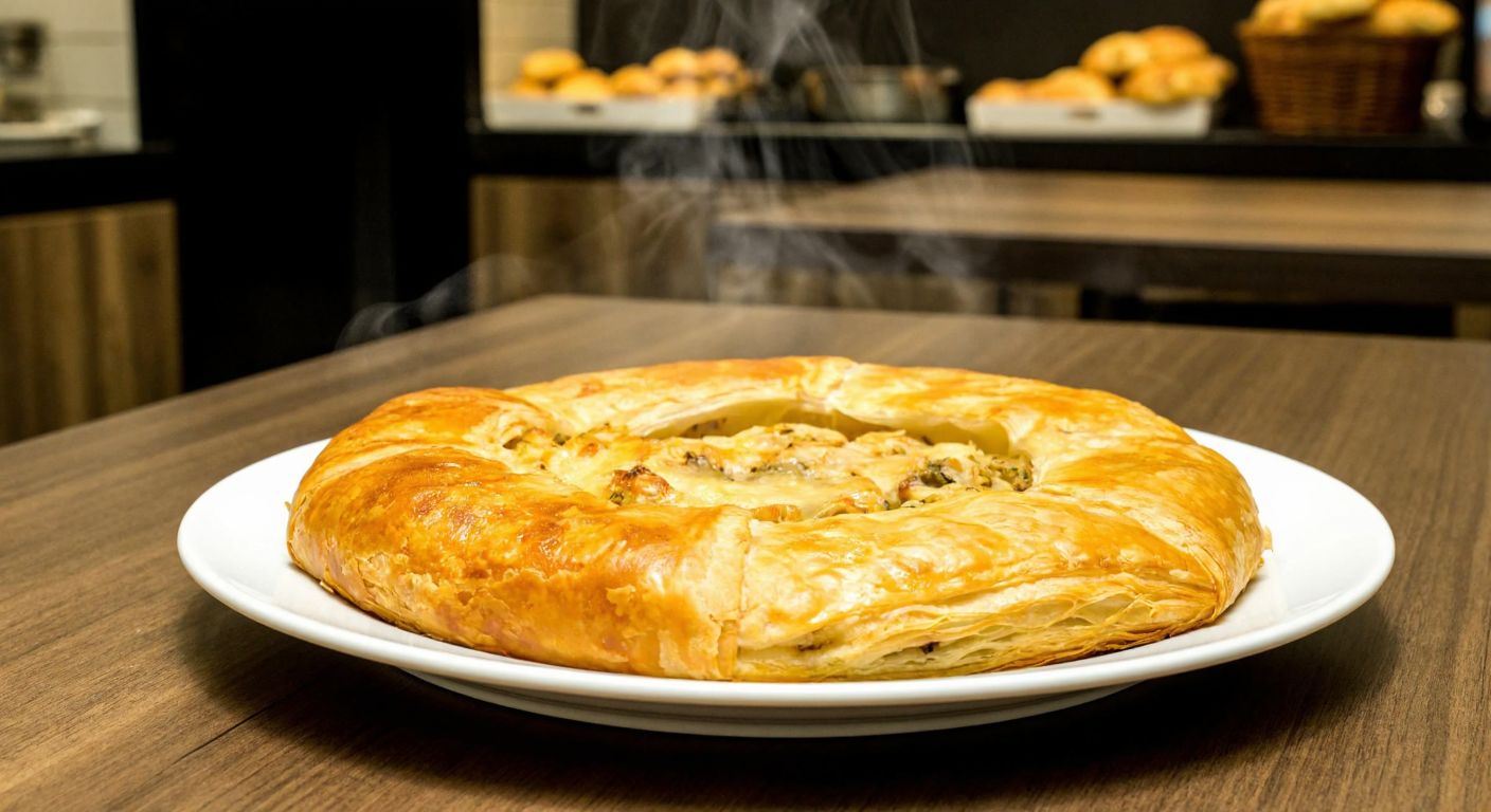 A golden, flaky börek sits on a white plate with steam rising, placed on a wooden table in a cozy Turkish bakery.