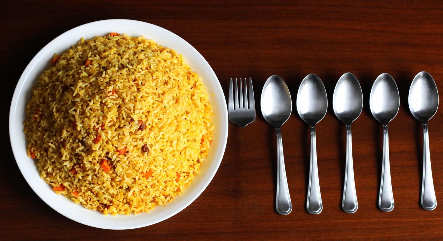 A steaming plate of golden rice pilaf sits on a wooden table, with six silver spoons neatly arranged beside it, evoking warmth and simplicity in a Turkish kitchen.
