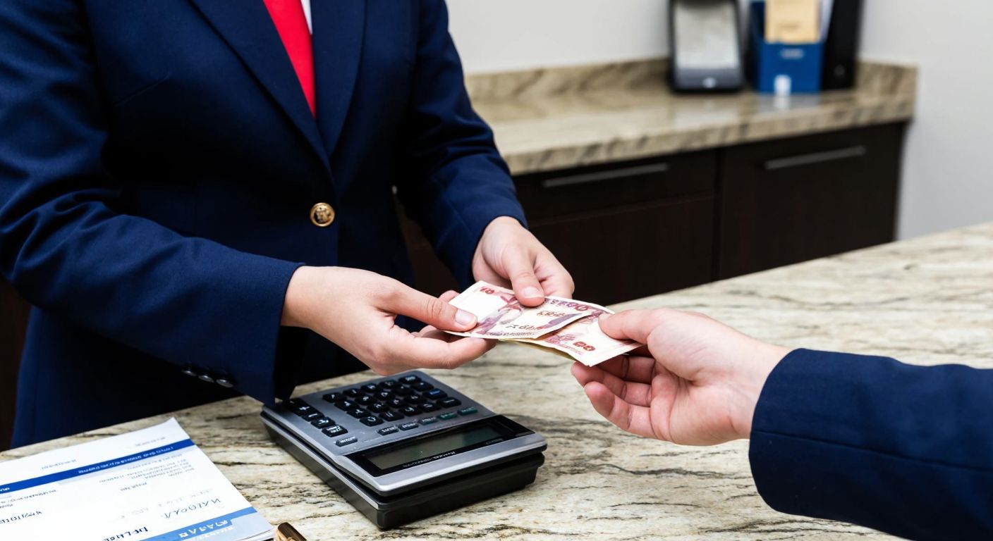 A Turkish bank teller in a formal blue uniform hands a customer a small stack of lira bills over a marble counter, with a calculator and a ledger book nearby, both wearing focused expressions.