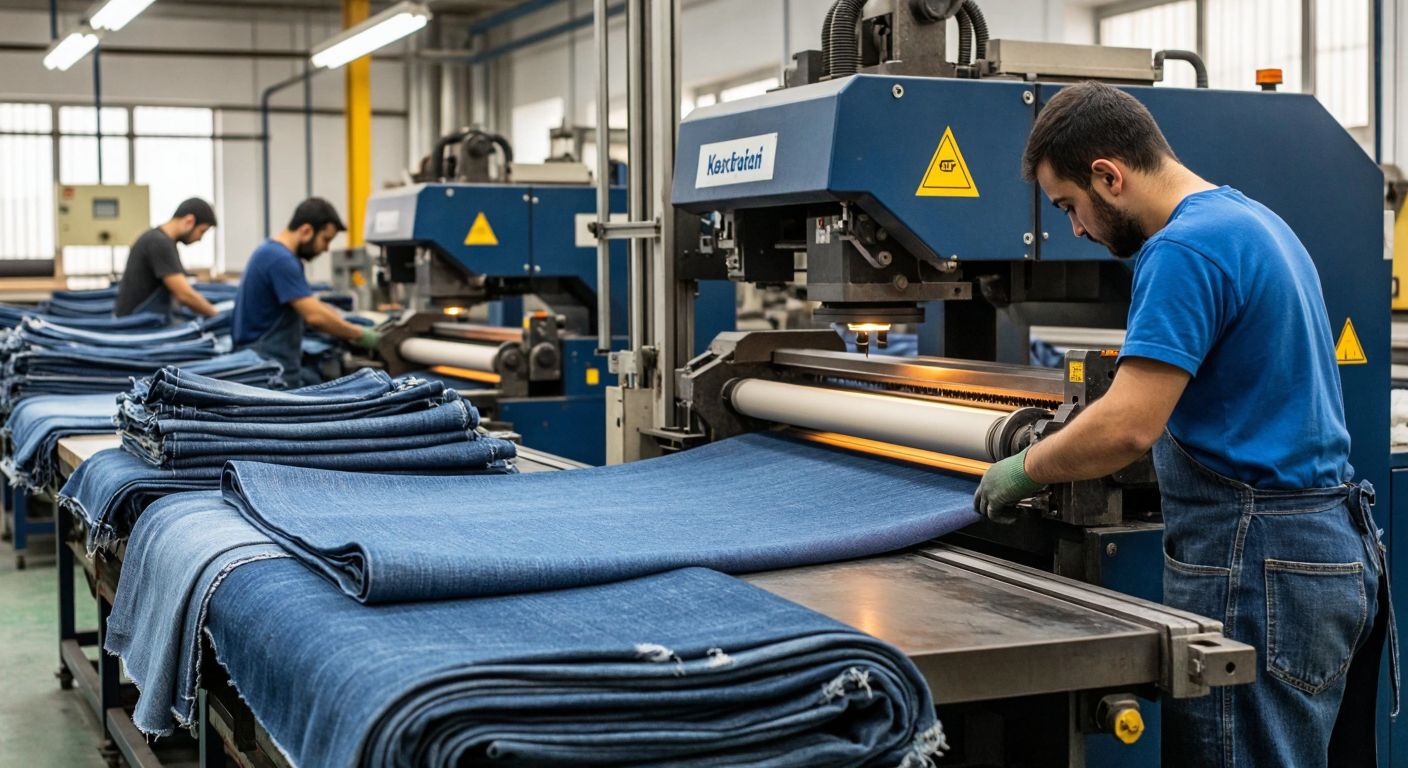 A textile workshop in Turkey with workers operating large industrial machines, one brushing denim fabric with sandpaper-like tools and another carefully guiding fabric through a laser cutter, surrounded by piles of faded jeans and rolls of fabric.