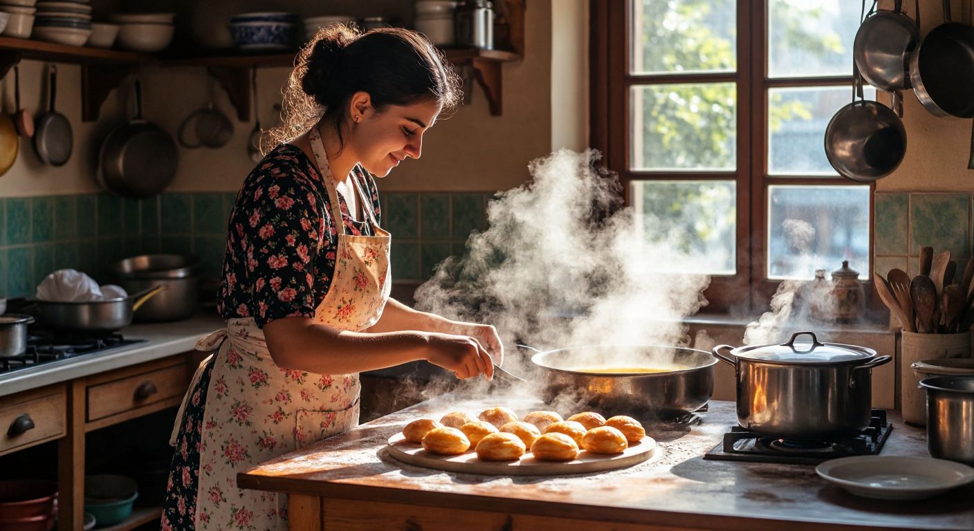 A warm Turkish kitchen with golden-brown lokma dough resting on a floured wooden table, a woman in a floral apron checking the time with a content smile, steam rising from a bubbling pot of oil nearby.