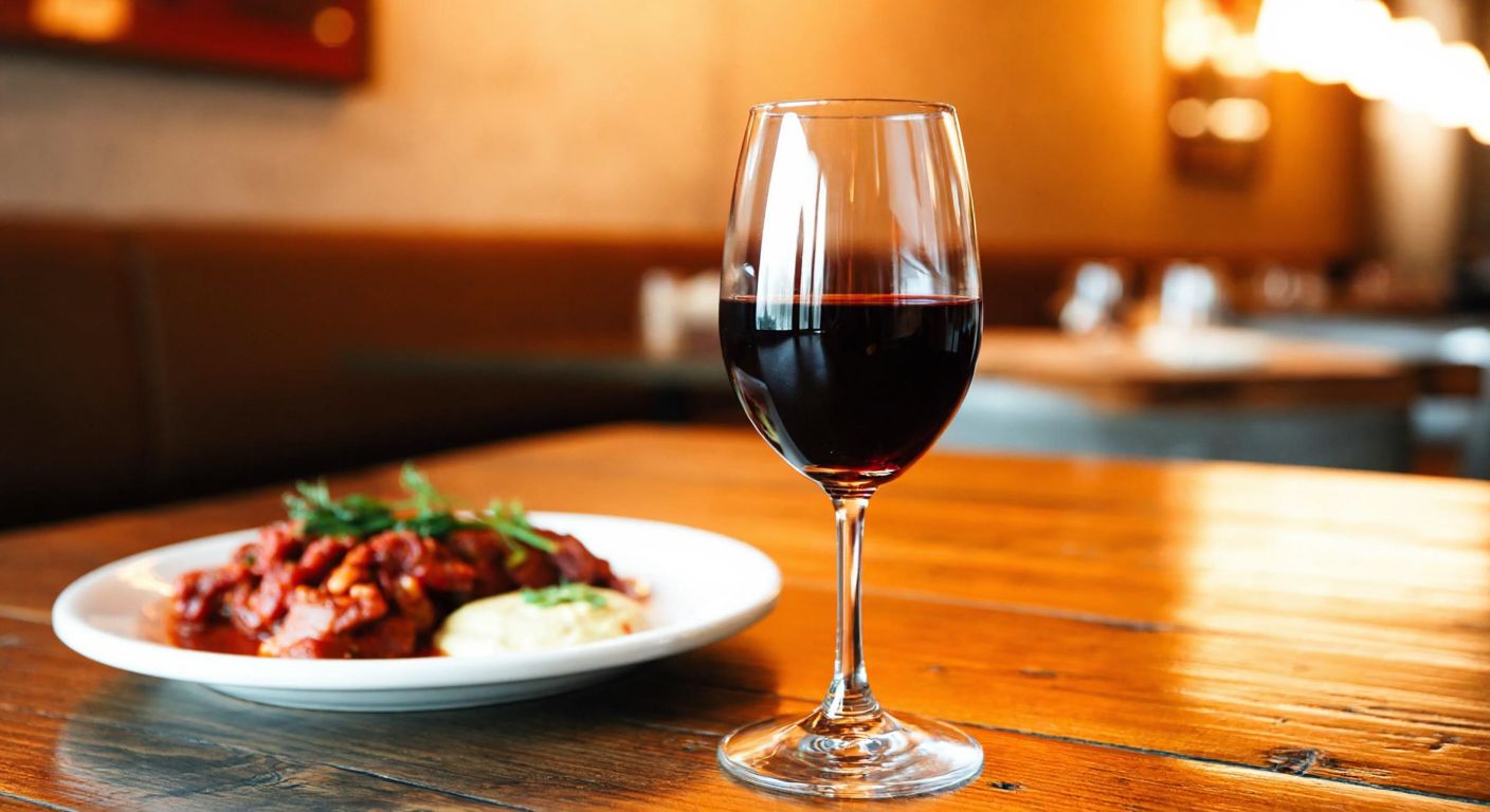 A sleek, clear wine glass filled with deep red wine, placed on a rustic wooden table in a cozy Turkish bistro with warm lighting and a plate of meze in the background.