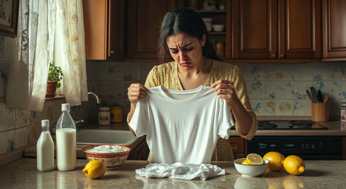 A frustrated woman in a Turkish home holds a stained white shirt, surrounded by household items like a bottle of bleach, a bowl of milk, a lemon, and vinegar, with a look of relief as she reaches for the milk.
