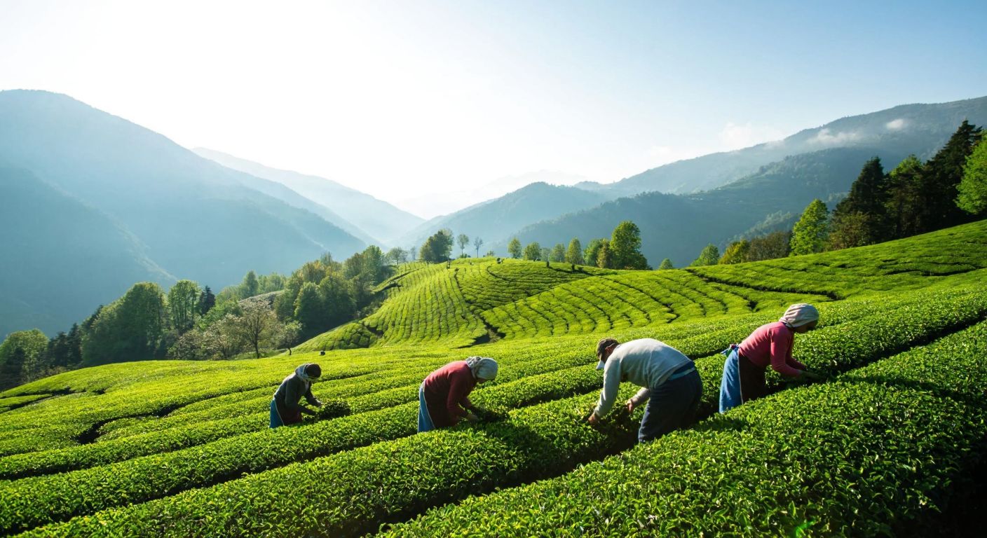 A lush green tea plantation in Rize, with misty mountains in the background and workers carefully harvesting fresh tea leaves under the warm sunlight.