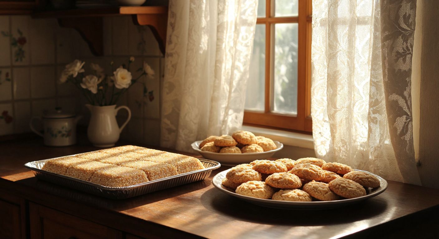 A wooden table in a Turkish kitchen holds a golden-brown tray of sesame halva next to a plate of buttery, crumbly cookies, with sunlight streaming through lace curtains.