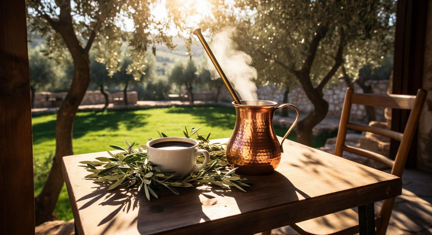A sunlit Turkish terrace with a rustic wooden table holding freshly picked olive leaves, a traditional copper cezve brewing aromatic olive leaf coffee, and a steaming cup beside it, surrounded by a serene olive grove.