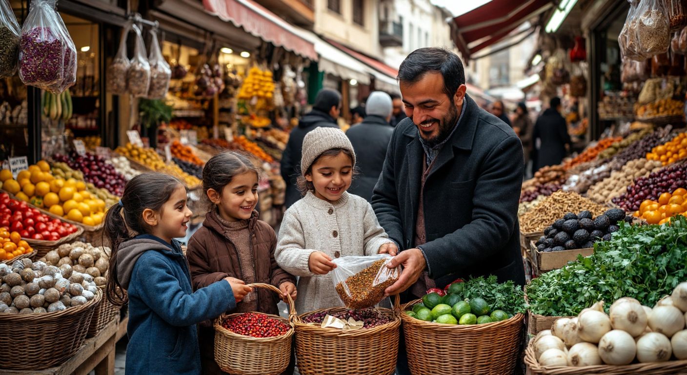 A Turkish family happily shopping at a bustling bazaar, their baskets filled with fresh produce and luxury items, while a vendor smiles as he hands them a bag of spices.