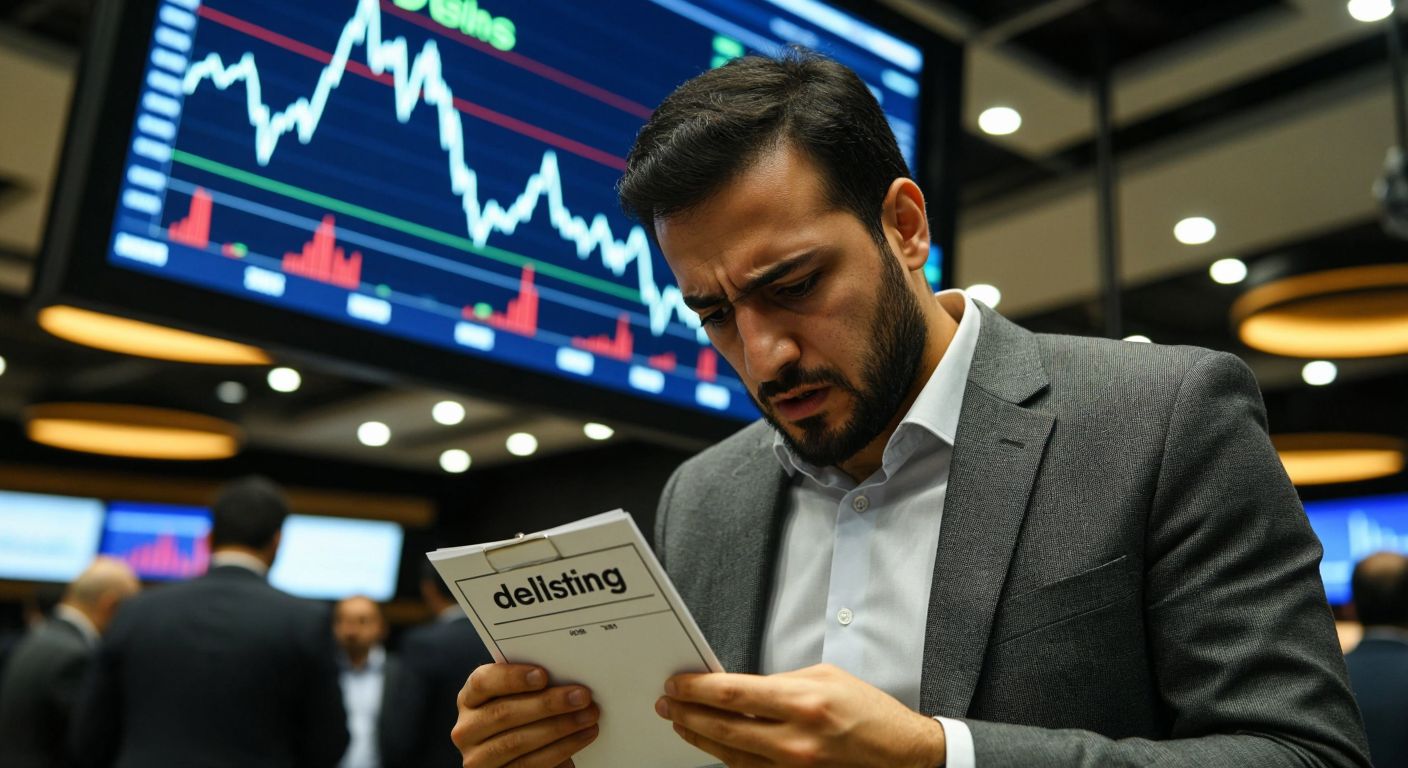 A worried Turkish investor in a bustling Istanbul stock exchange, clutching a plummeting stock graph while a shadowy "delisting" stamp looms over a company logo.