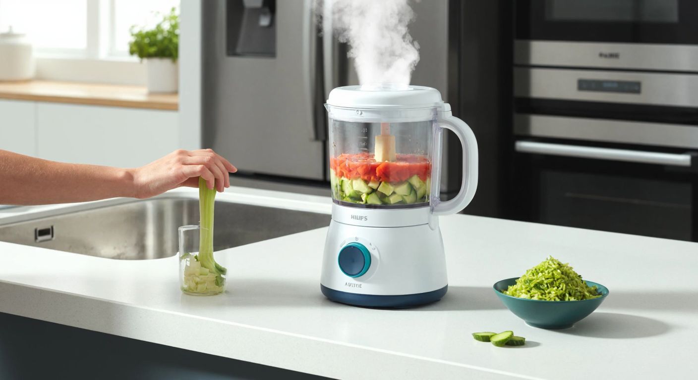 A modern Turkish kitchen with a Philips Avent steamer-blender on a countertop, steam rising from its vent as a parent carefully places chopped vegetables inside, while a small bowl of vibrant green wasabi sits nearby.