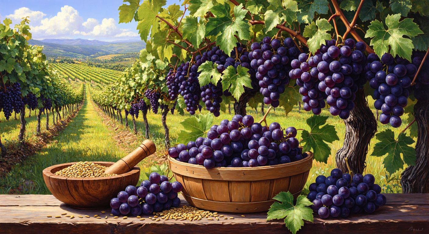A sunlit Turkish vineyard with plump purple grapes hanging from vines, a wooden basket filled with fresh grapes and leaves, and a mortar-pestle crushing seeds into golden oil nearby.