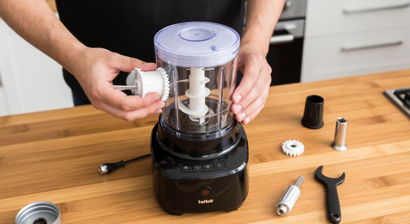 A close-up of a Turkish person's hands carefully replacing a small, white plastic gear inside a disassembled Fakir Motto blender on a wooden kitchen counter, with scattered tools and the blender's base nearby.