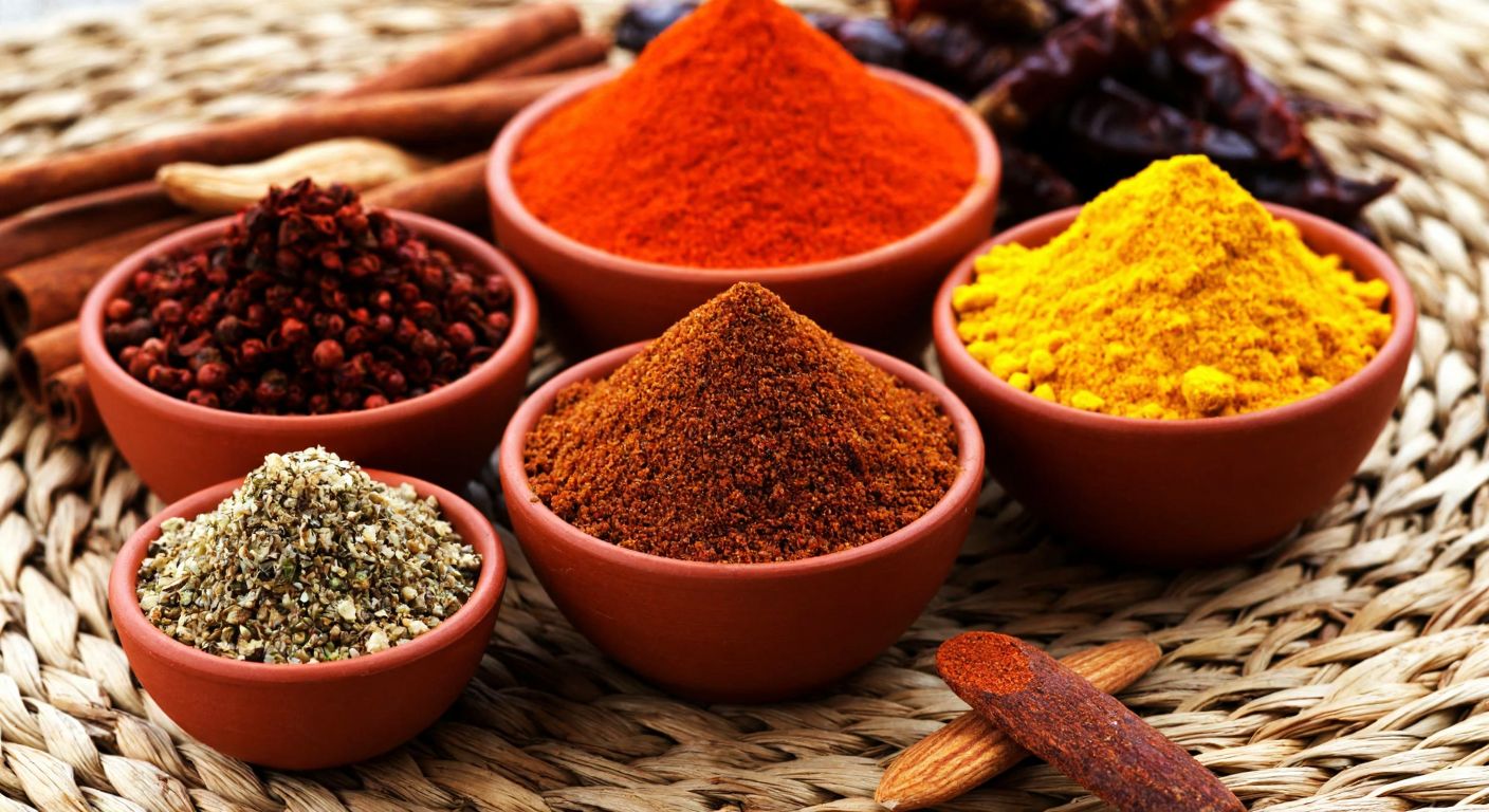 A vibrant array of African spices—fiery red berbere, golden dukka, and aromatic ras el hanout—piled in small clay bowls on a woven straw mat, evoking the warmth and richness of African cuisine.