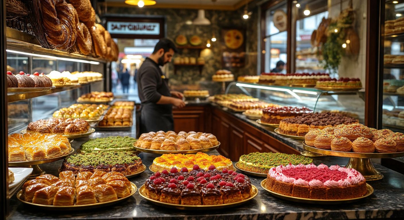 A bustling Istanbul bakery with golden trays of baklava and simit, and a cozy Antalya pastry shop displaying colorful cakes, both filled with warm light and the aroma of fresh desserts.