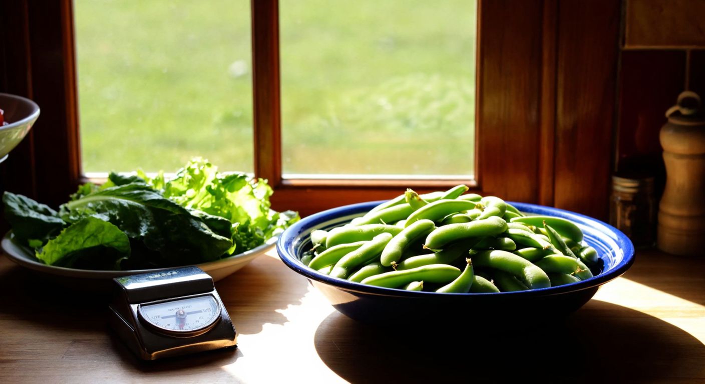 A vibrant bowl of fresh green fava beans placed on a wooden table beside a small scale and a leafy salad, with warm sunlight streaming through a window in a cozy Turkish kitchen.