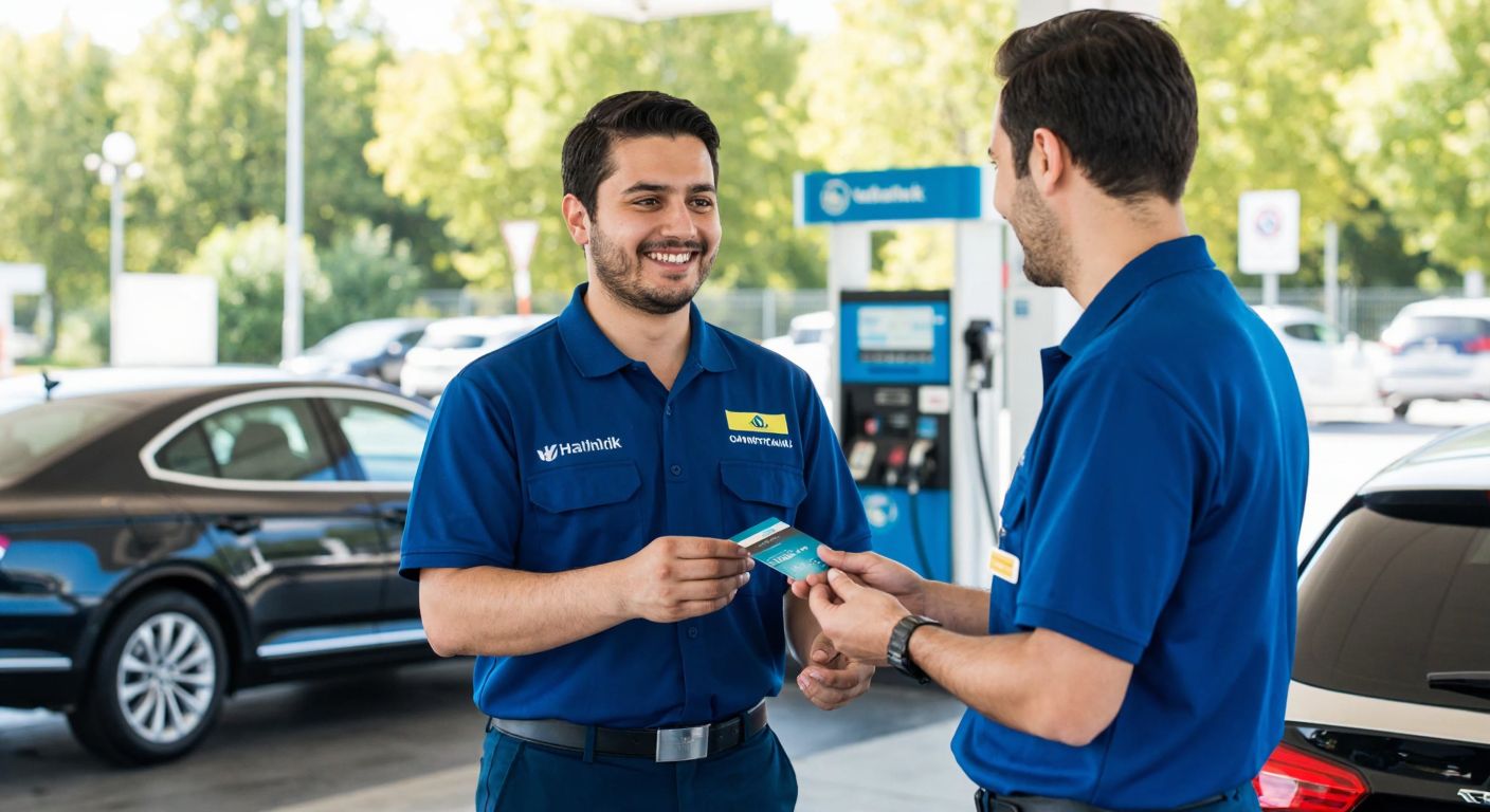 A smiling Turkish gas station attendant in a blue uniform hands a customer a Halkbank Yakıtmatik card at a sunlit petrol station, with a fuel pump and a sleek black car in the background.