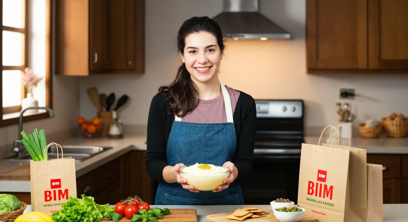 A smiling Turkish woman in a cozy kitchen holds a bowl of creamy Daphne-brand pudding, surrounded by Bim shopping bags and fresh ingredients, with a warm, inviting atmosphere.