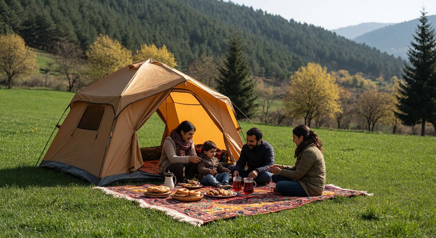 A sturdy, house-shaped tent stands in a lush green Turkish meadow, shielding a family from the sun as they enjoy a picnic with simit and çay on a colorful rug.