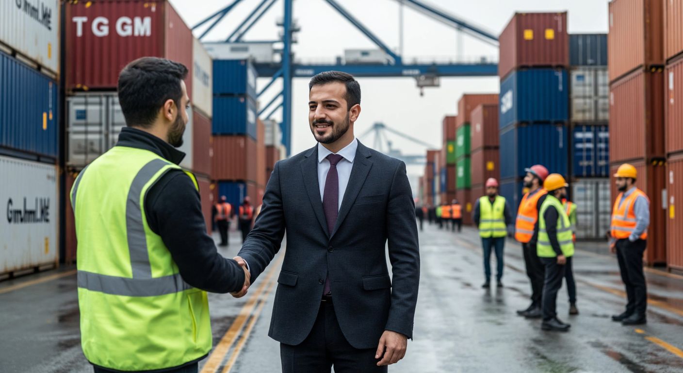 A bustling Istanbul port with cargo ships in the background, a well-dressed Turkish businessman in a suit shaking hands with a client in front of a modern office building labeled "TGM Gümrükleme," surrounded by stacks of shipping containers and workers in high-visibility vests.  

*(Note: The label "TGM Gümrükleme" is mentioned here as part of the scene's natural setting, not as standalone text or signage.)*