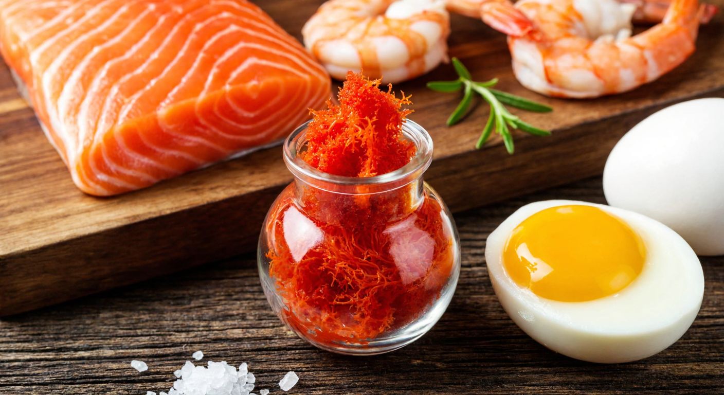 A vibrant red-orange microalgae bloom in a glass flask, surrounded by fresh salmon fillets, pink shrimp, and a cracked egg with a golden yolk on a rustic wooden table.