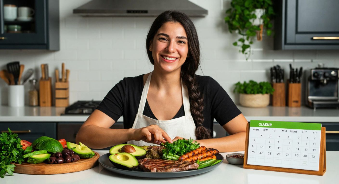 A Turkish woman in a kitchen smiles while preparing a colorful plate of keto-friendly foods like avocado, olives, and grilled meat, with a calendar in the background showing a week marked with progress.