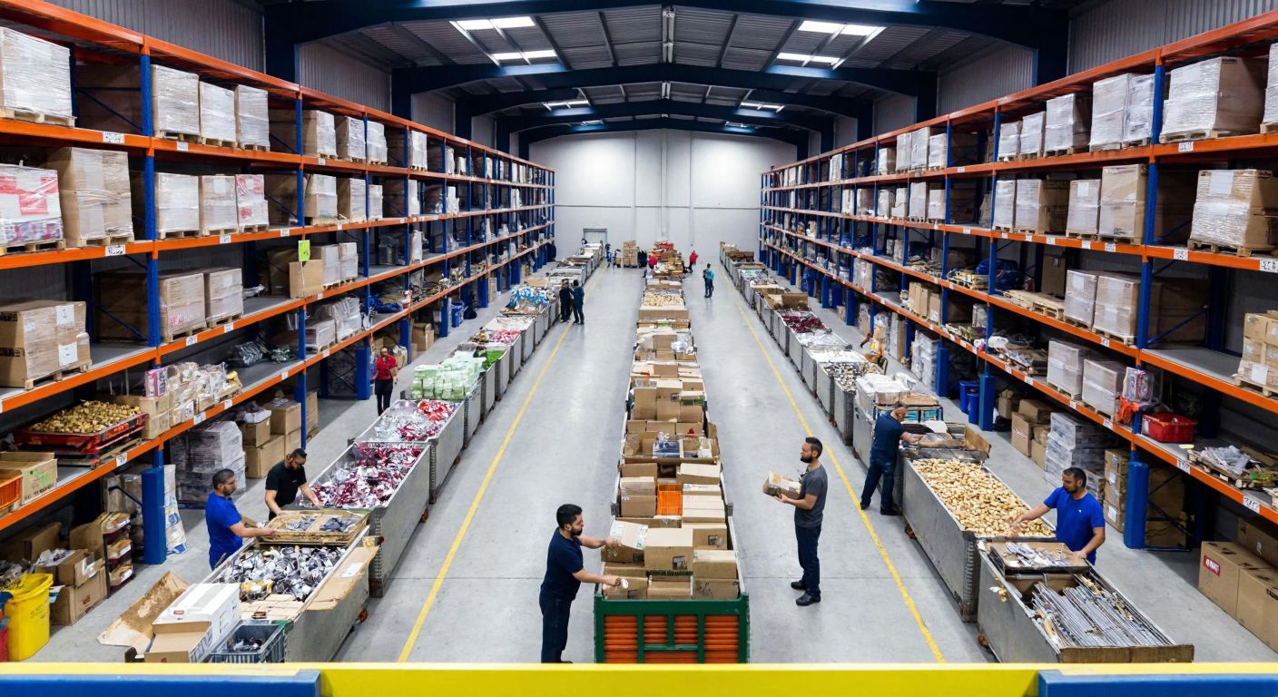 A bustling Turkish warehouse with workers sorting, combining, and distributing various goods across four distinct sections, each representing a different storage purpose.
