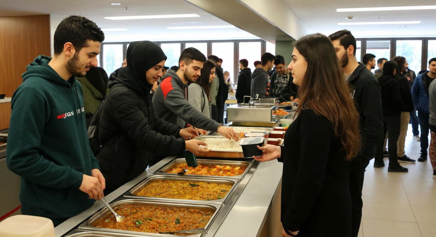 A bustling university cafeteria in Kocaeli, with students in casual attire lining up at a food counter, one handing a small amount of cash to a server behind a tray of steaming Turkish dishes like lentil soup and rice.