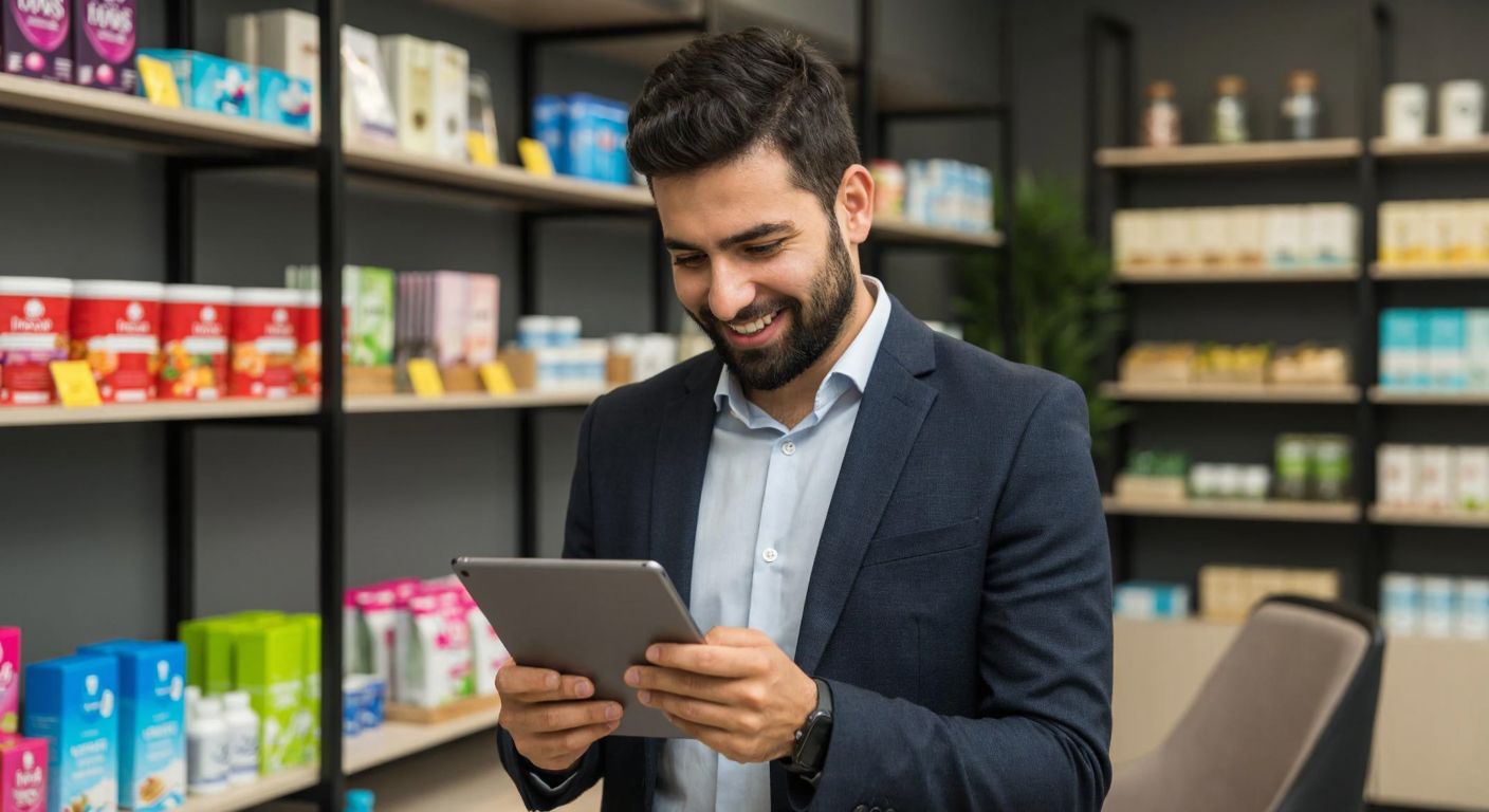 A Turkish businessperson in a modern office, smiling while browsing a digital tablet displaying colorful Unilever products, with shelves of packaged goods visible in the background.