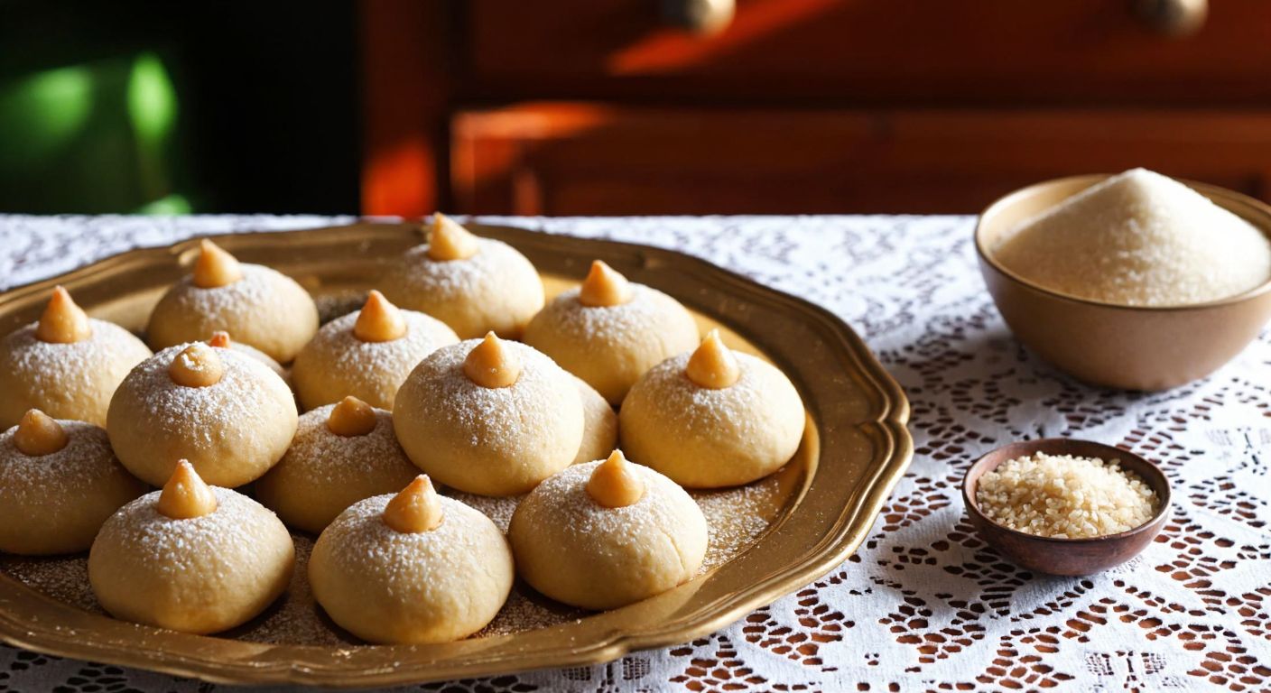 A golden tray of freshly baked şekerpare cookies, dusted with powdered sugar, sits on a lace-lined table in a sunlit Turkish kitchen, with a bowl of semolina nearby.