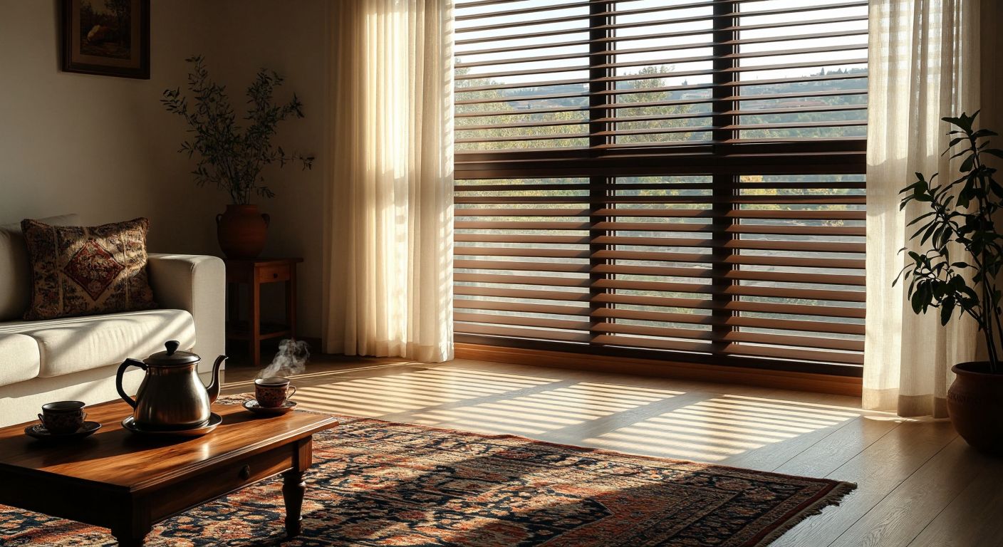 A sunlit Turkish living room with sleek horizontal jalousie blinds partially open, casting soft striped shadows on a patterned rug while a pot of çay steams on a low wooden table nearby.