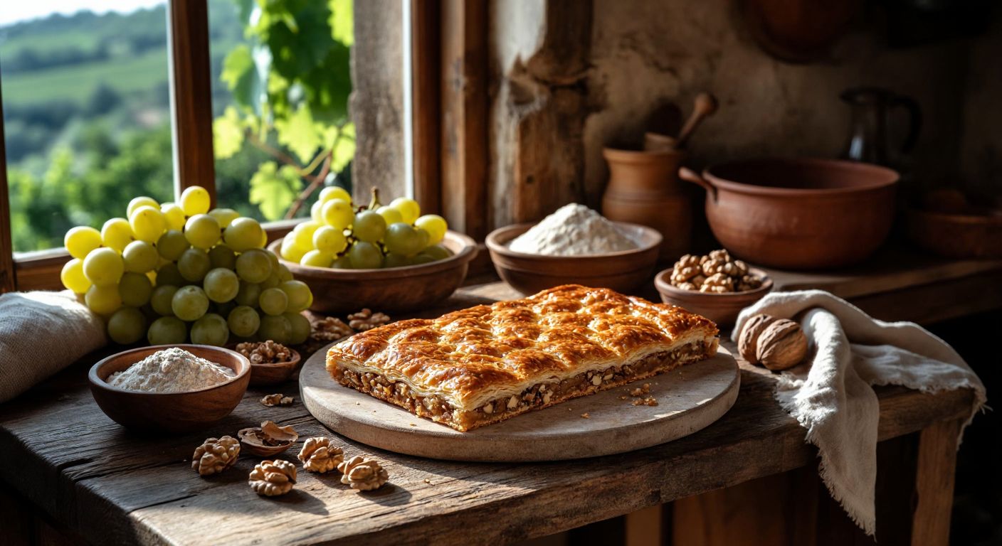 A rustic wooden table in a sunlit Turkish village kitchen holds a golden-brown slab of Zile Kömesi, surrounded by fresh Narince grapes, cracked walnuts, and a small bowl of wheat starch, evoking warmth and tradition.