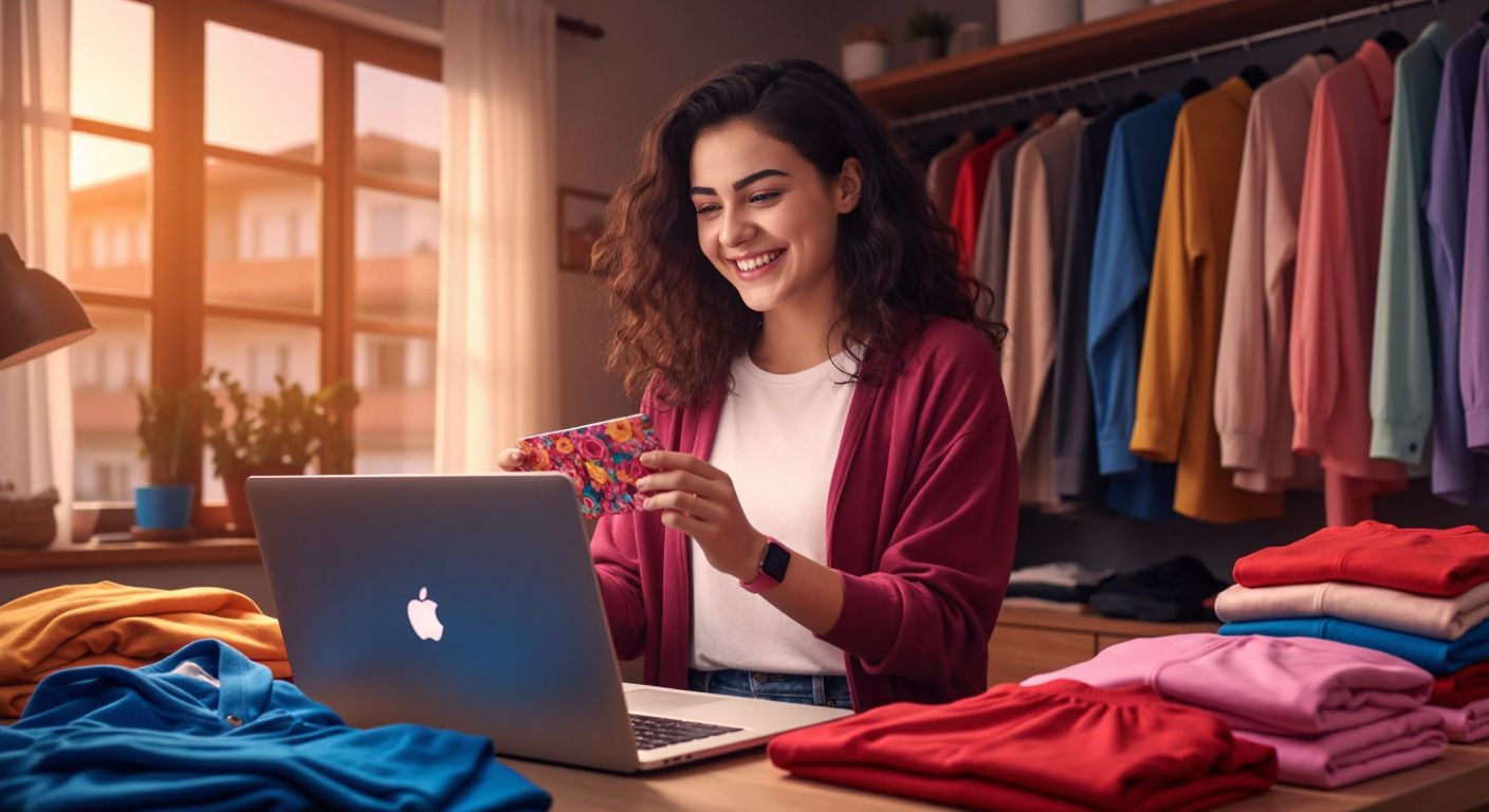 A smiling young woman in a modern Turkish home holds up a colorful Fulla-branded clothing package while browsing a laptop, surrounded by neatly folded garments and a cheerful customer service representative on the screen.