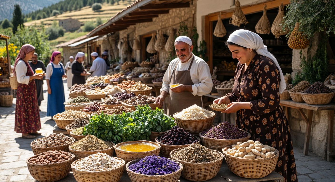 A sunlit Turkish village market with baskets of fresh, organic produce like honey, dried herbs, and nuts, surrounded by smiling farmers in traditional attire and eager customers inspecting the goods.