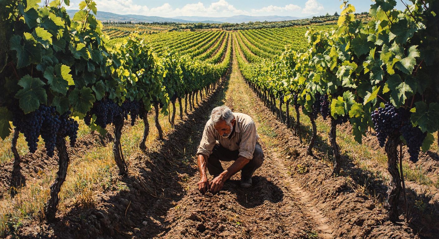 A sunlit Turkish vineyard with rows of young grapevines stretching toward the horizon, their tender green leaves shimmering as a weathered farmer kneels to inspect the soil with hopeful anticipation.