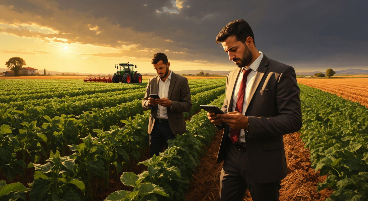 A Turkish farmer in a sunlit field anxiously checking his phone while a Ziraat Bank representative in a formal suit holds a clipboard, with a distant tractor symbolizing agricultural work.