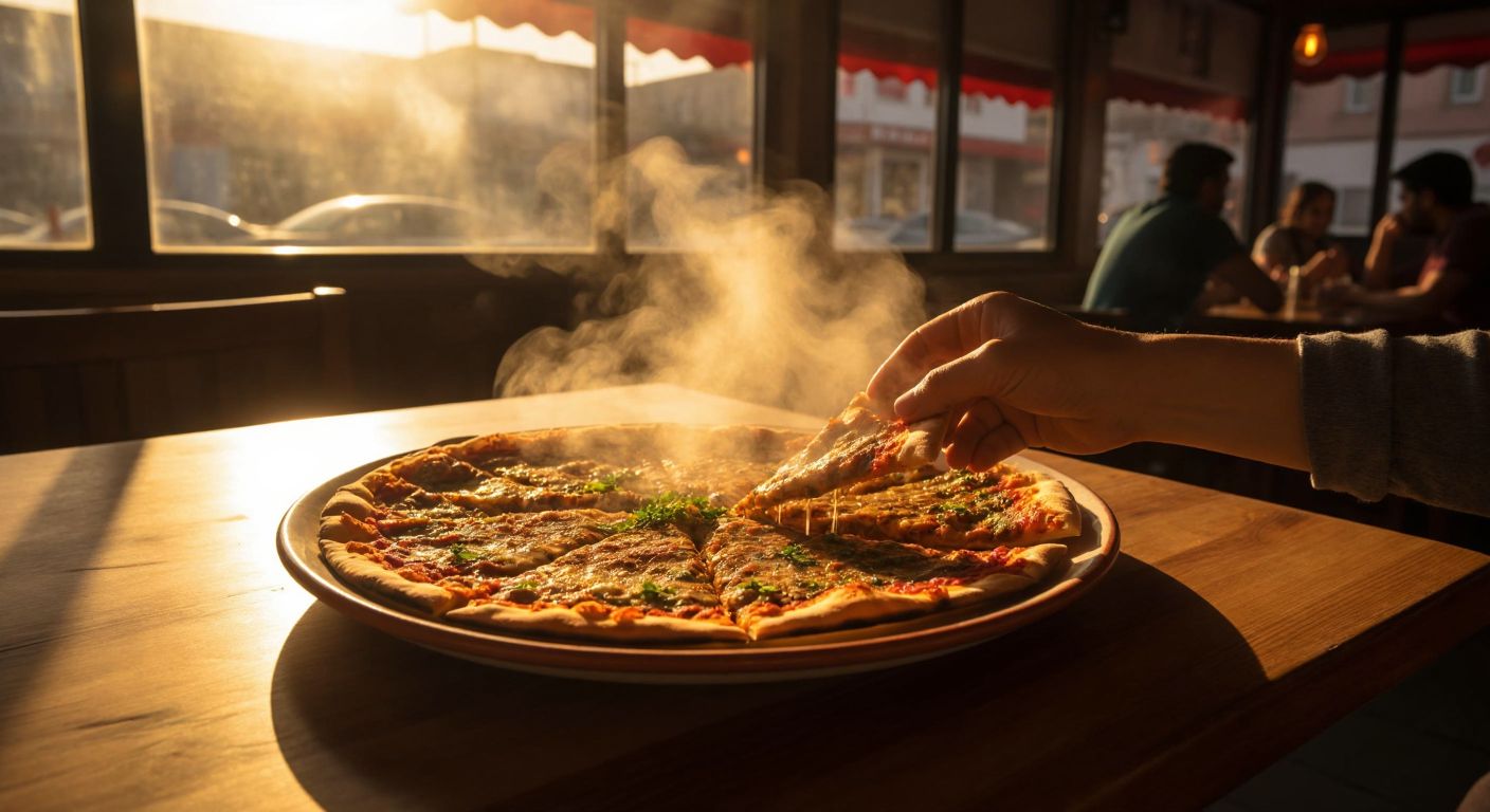 A steaming plate of freshly baked lahmacun sits on a wooden table in a cozy Sivas eatery, with warm golden light casting shadows of eager hands reaching to share the dish.