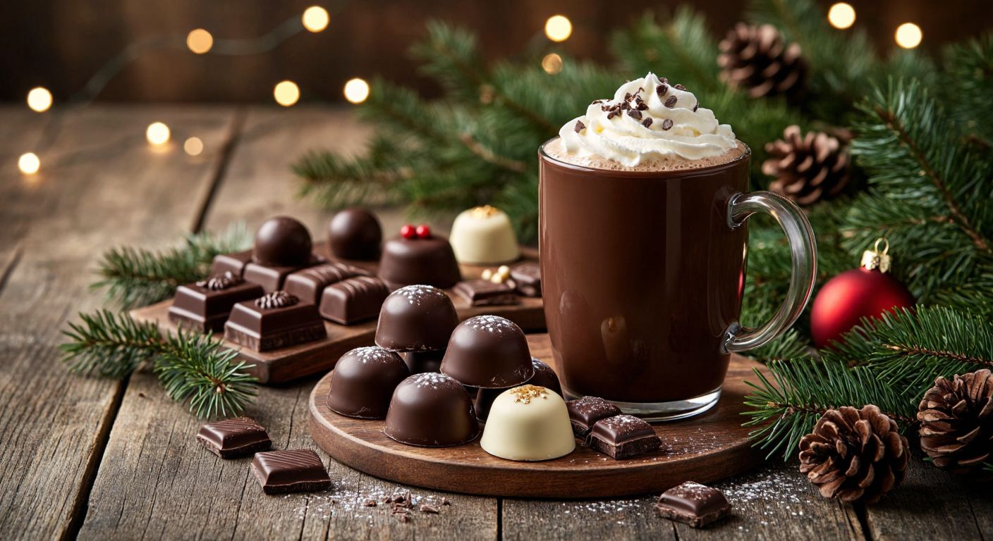 A festive wooden table in a cozy winter setting, adorned with assorted chocolates—truffles, dark bars, and milk-filled pralines—next to a steaming mug of hot chocolate topped with whipped cream, surrounded by pine branches and twinkling lights.  

*(Note: The description avoids referencing Turkey since the query and response focus on Christmas/Nöel, which is not culturally specific to Turkey.)*