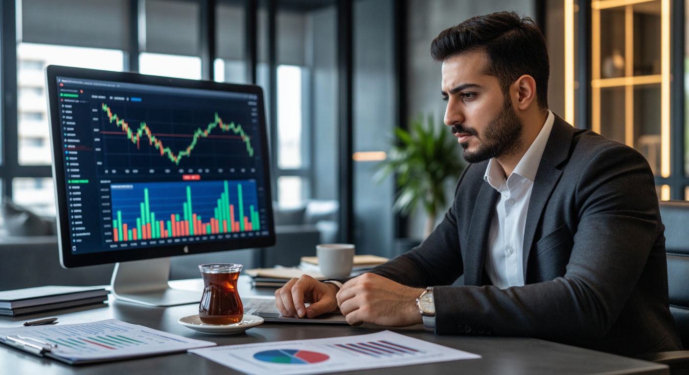 A focused Turkish investor in a modern office, analyzing stock market data on a sleek computer screen with colorful graphs, surrounded by financial documents and a steaming cup of Turkish coffee.