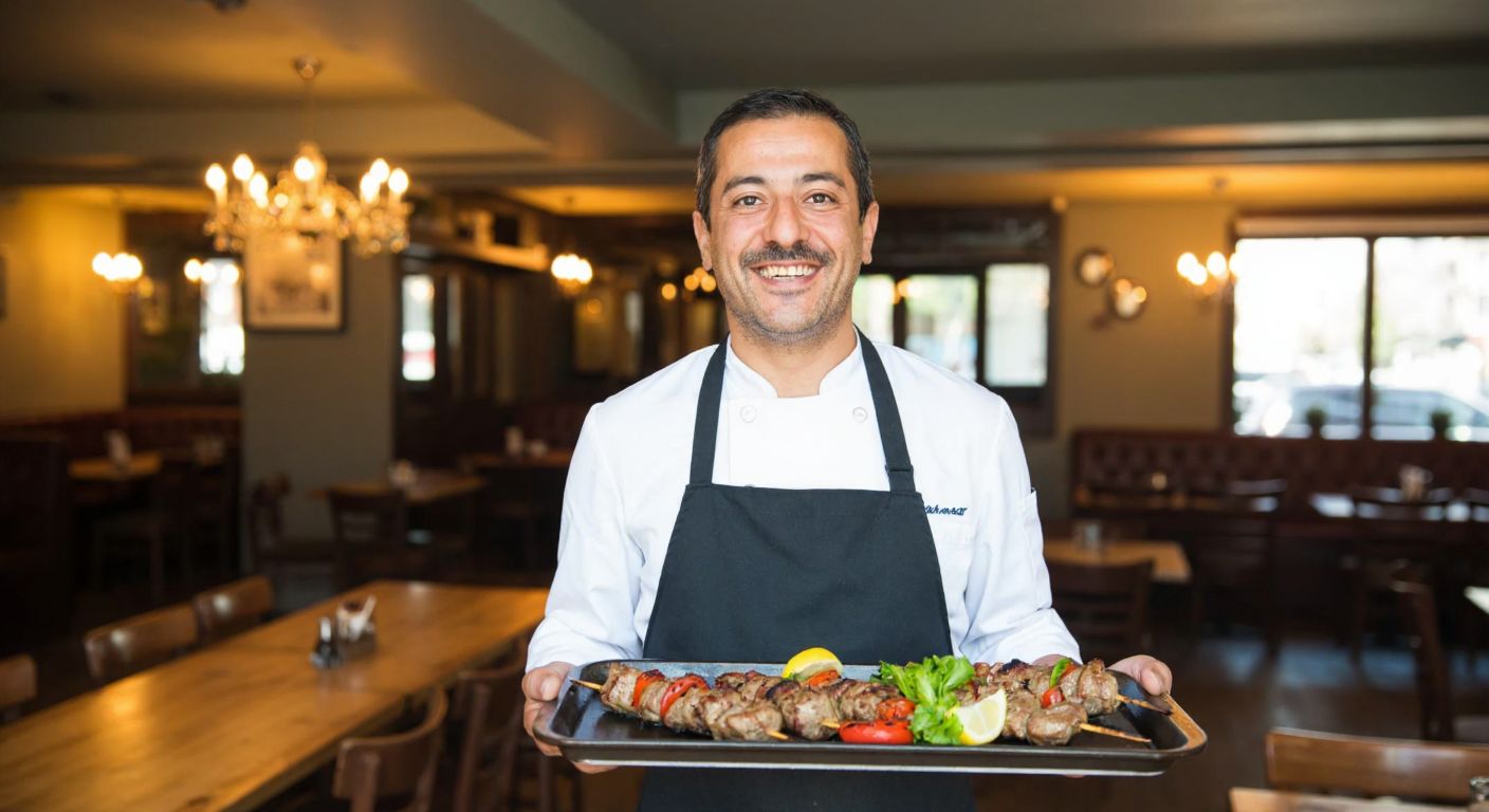 A smiling middle-aged Turkish man in a chef's apron stands proudly in front of a cozy restaurant with warm lighting, holding a tray of sizzling kebabs.