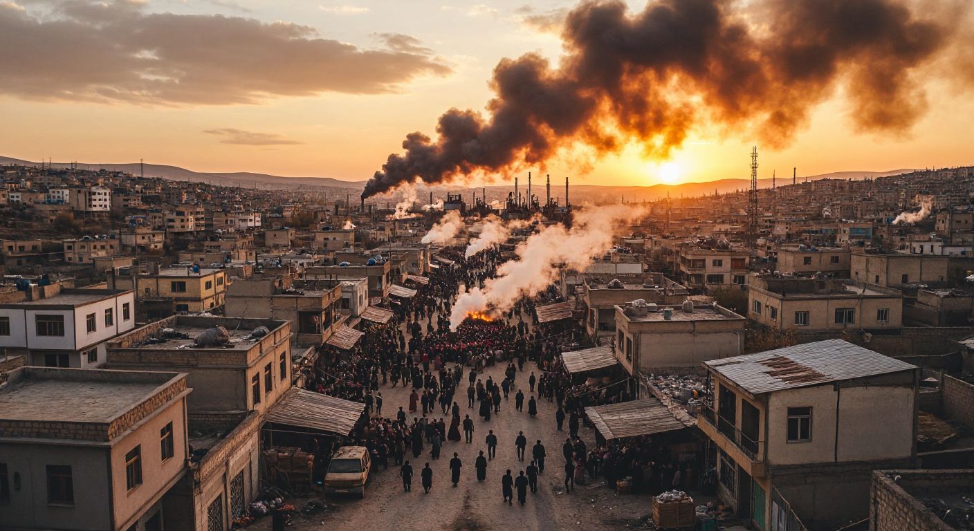 A bustling cityscape of Batman, Turkey, with crowded streets, textile factories billowing smoke, families gathered in traditional courtyards, and oil rigs dotting the horizon under a warm sunset.