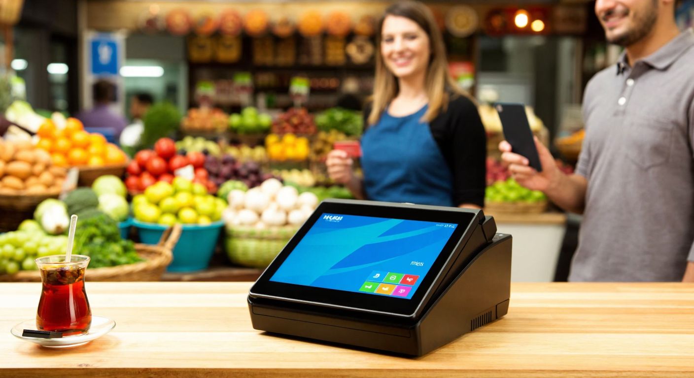 A sleek black POS terminal (Hugin Tiger T300) sits on a wooden counter in a bustling Turkish market, surrounded by fresh produce and a steaming cup of Turkish tea, while a shopkeeper smiles warmly at a customer holding a credit card.
