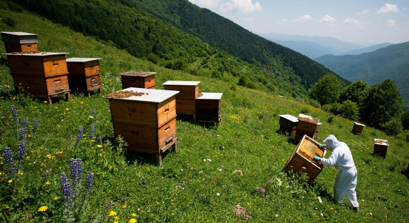 A lush green mountainous landscape in Turkey’s Black Sea region, with traditional wooden beehives nestled among wildflowers, and a beekeeper in a white protective suit carefully inspecting golden honeycomb dripping with rich, dark karakovan honey.