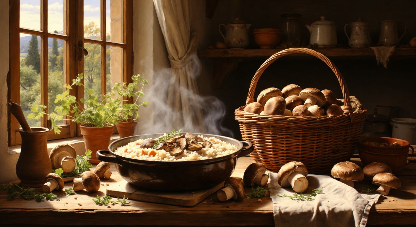 A rustic wooden table in a sunlit Italian kitchen holds a steaming risotto garnished with fresh porcini mushrooms, while a basket of earthy Boletus edulis sits beside it, their rich brown caps glistening.