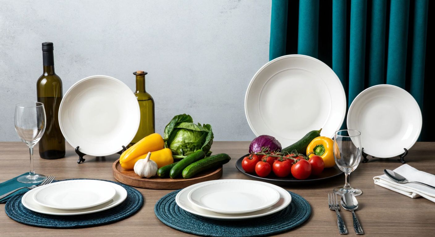 A beautifully arranged dining table in a Turkish home, featuring a set of elegant Kütahya porcelain salad plates in varying sizes (small, medium, large) alongside fresh, colorful vegetables and olive oil.