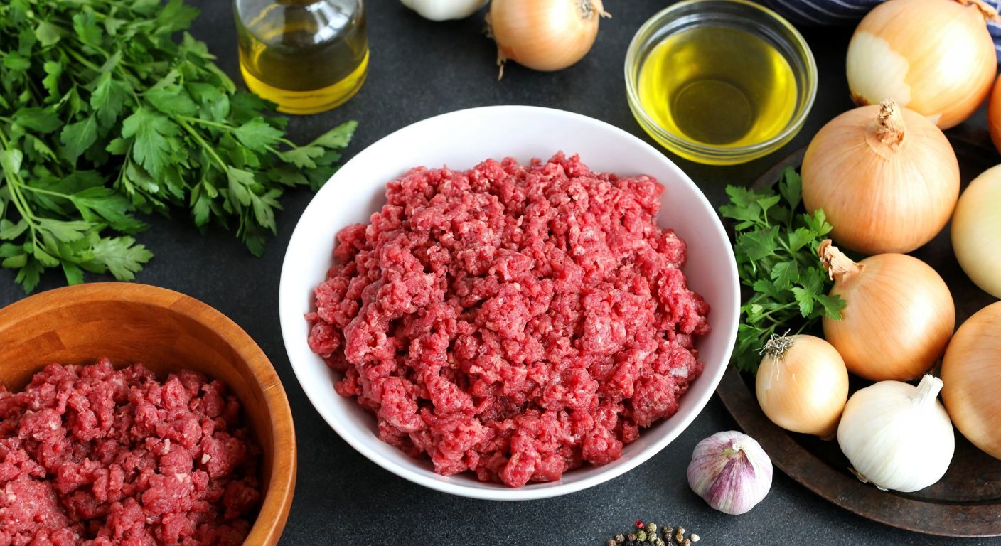 A Turkish kitchen countertop with peeled onions, a bowl of minced beef (dana kıyma), fresh herbs, and olive oil, evoking warmth and culinary tradition.