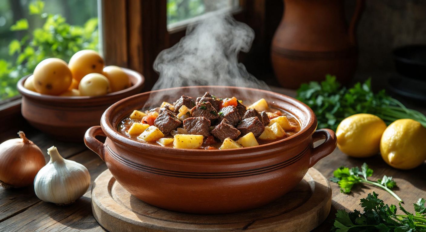 A steaming clay pot of tas kebabı with tender cubed beef, golden fried potatoes, and a clear broth, resting on a wooden table in a sunlit Turkish kitchen, surrounded by fresh ingredients like onions and lemons.